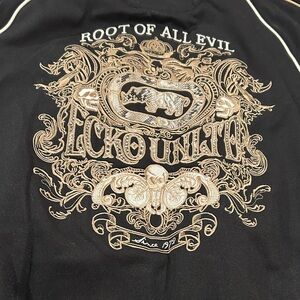 VINTAGE Ecko Unltd Black Jacket” root of all evil”  with Gold Embroidery